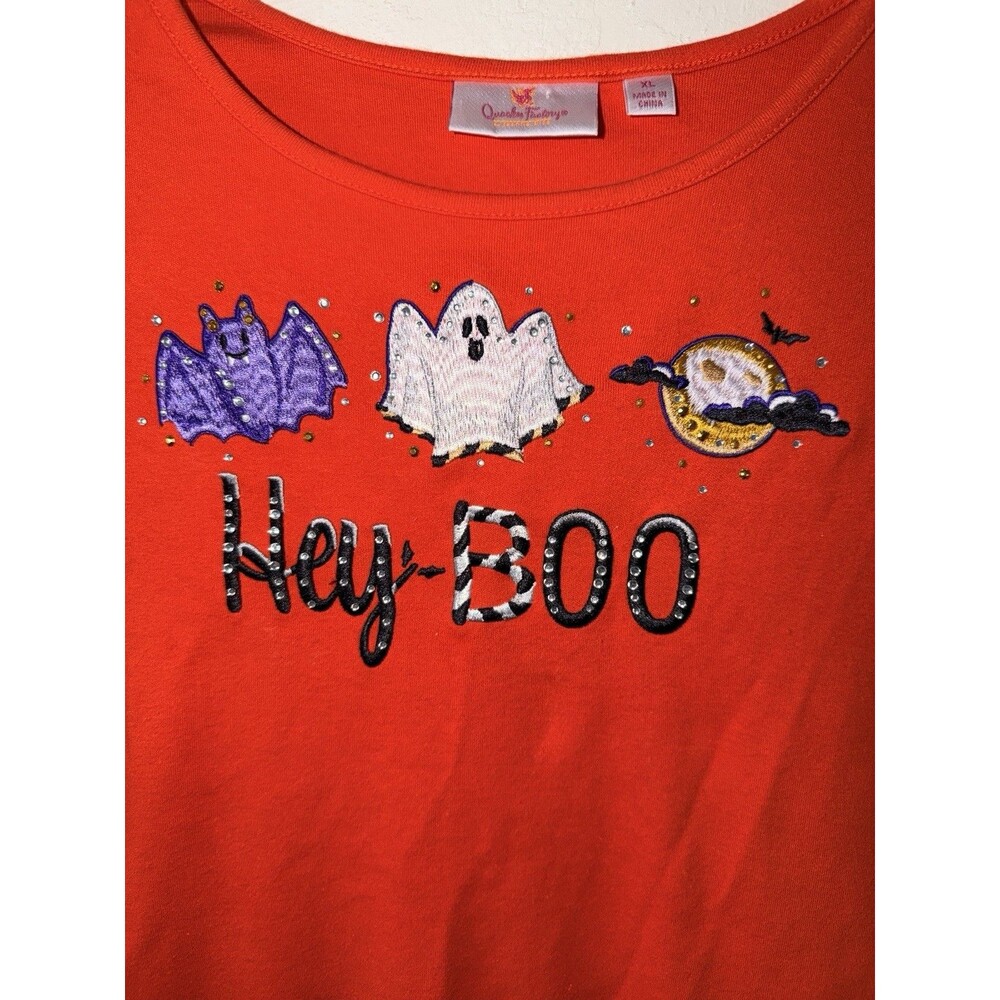 Quacker Factory Orange Hey Boo Shirt Embellished Ghost Bat Halloween Top Sz XL - Picture 2 of 8